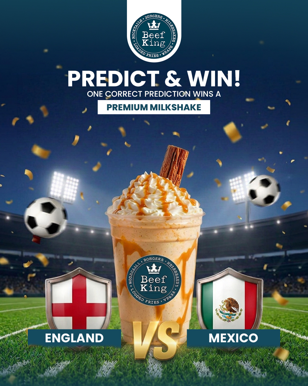 WIN A FREE PREMIUM MILKSHAKE FROM BEEF KING!Think you know the score? Drop your prediction in the comments below for your chance to win a FREE Premium Milkshake from Beef King!👇 To enter:
✅ Follow Beef King
✅ Share this post to your story
✅ Comment your prediction below
✅ Make sure your entry is submitted before kick-offOne lucky winner will be selected from the correct entries and announced on our story after the match.📍 Important: The winner must contact us directly to claim their prize. We will arrange collection with the appropriate Beef King store. Please do not visit a store to claim your prize until collection has been confirmed.Good luck! 🍀T&Cs: To enter, participants must follow Beef King, share this post to their story, and submit their prediction in the comments before kick-off. One winner will be selected from eligible correct entries and announced on our story. The winner must contact Beef King to claim their prize. Prize redemption will be arranged directly with Beef King and cannot be claimed in-store without prior confirmation. Beef King reserves the right to verify entries and amend or withdraw the promotion at any time.#Beefking #UKFoodies #UKEats #UKFoodScene #FastFoodUK #HalalFood #HalalBurgerLovers #BestBurgersUK #Foodstagram #FoodTok #Fyp #Fy #Foodie #Restaurant #FIFA2026🔑 Beef burger, Smash burger, Spicy dip, Spicy dip burger, Manchester spicy dip burger